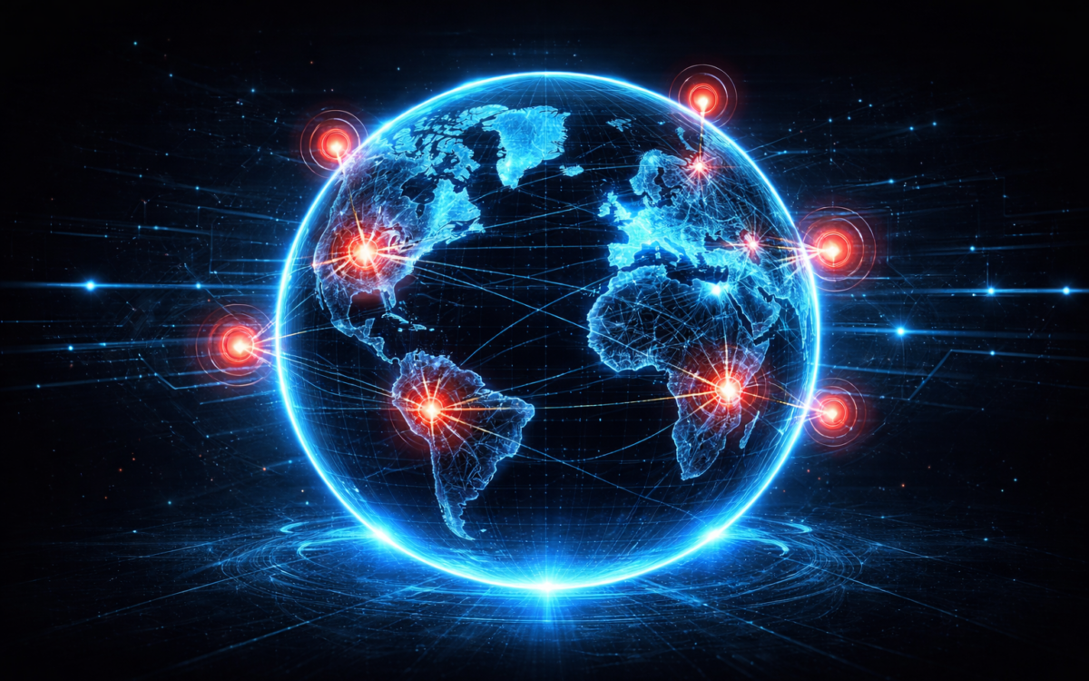 Global threat intelligence network monitoring cyber threats across a digital globe for website firewall protection