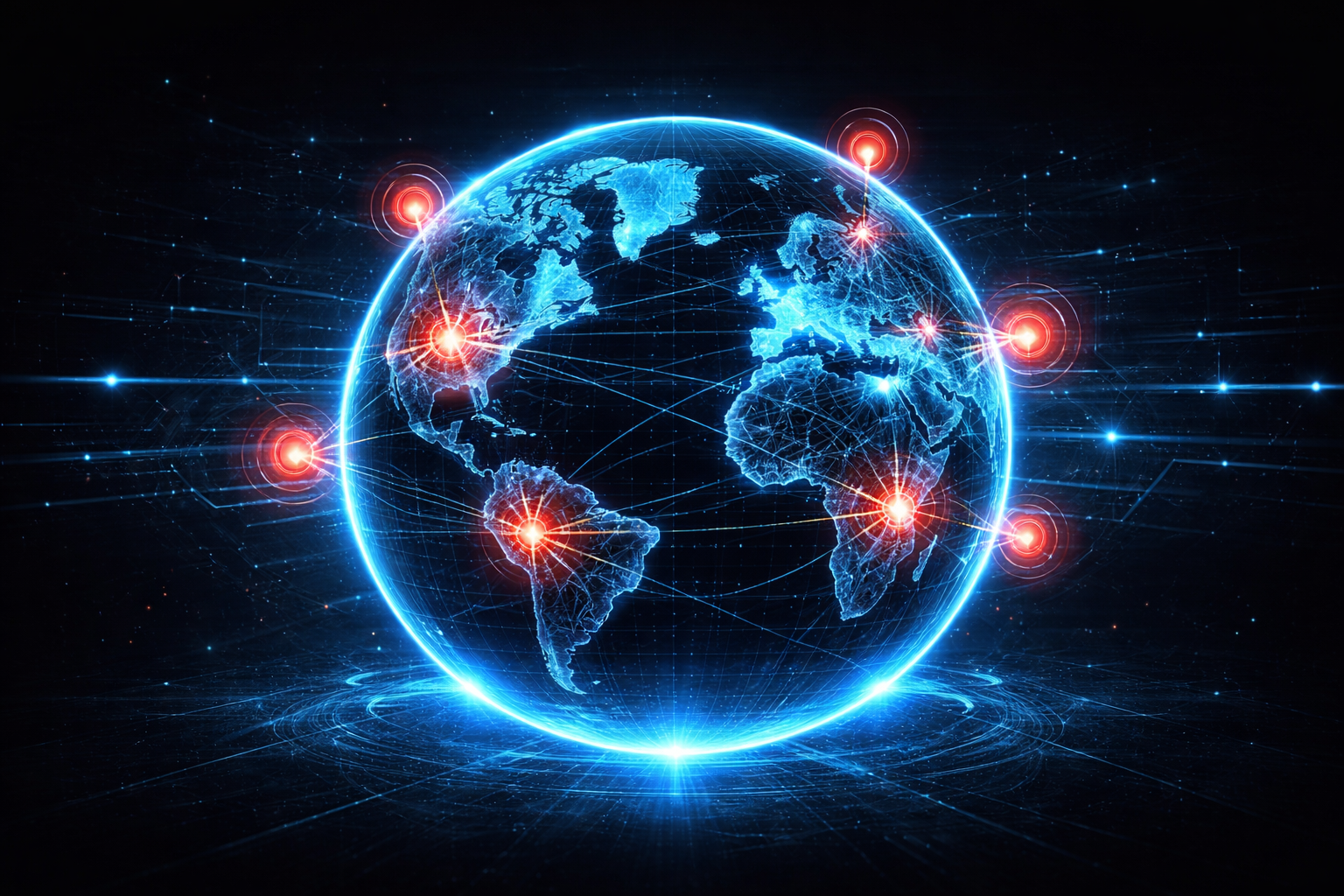 Global threat intelligence network monitoring cyber threats across a digital globe for website firewall protection