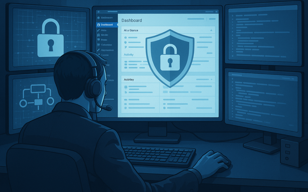 Agency operator securing WordPress admin access—illustration of admin dashboard with lock and shield.