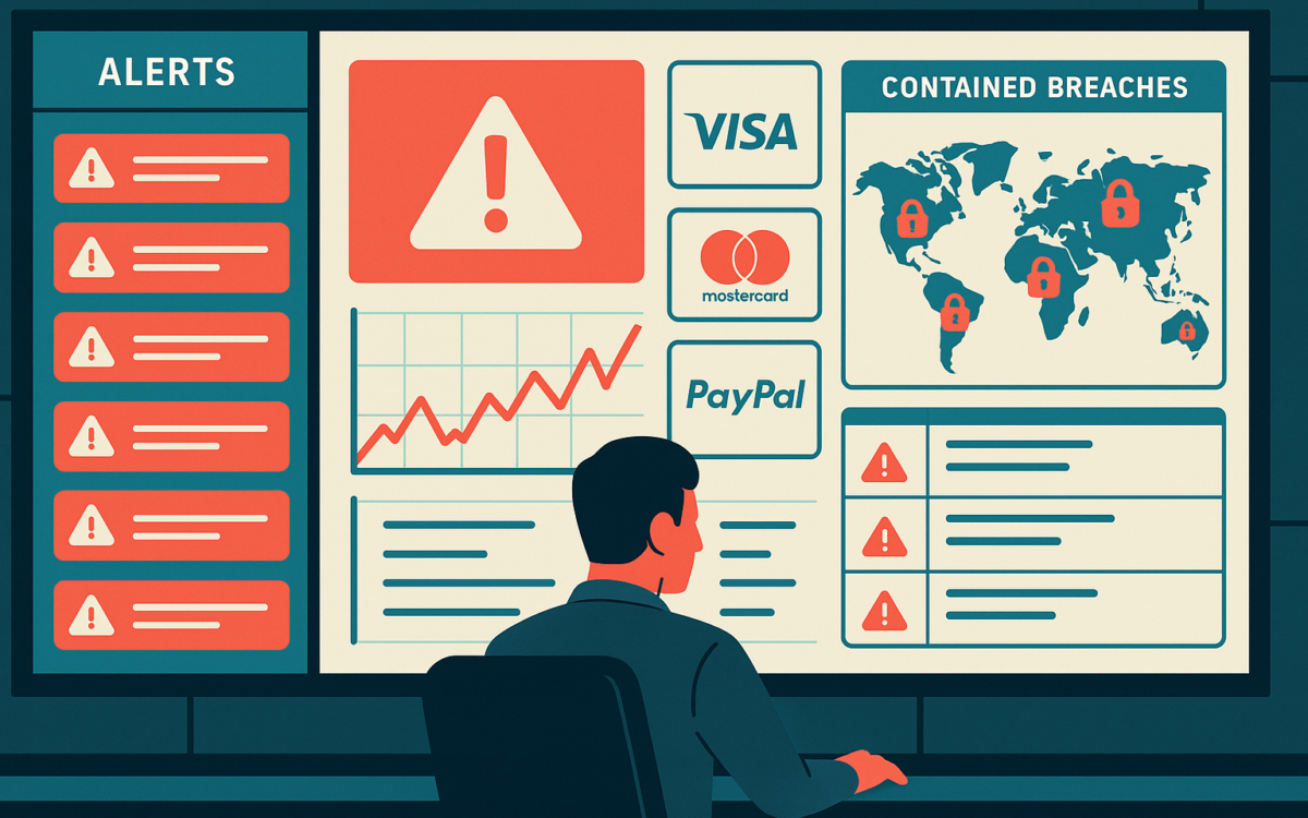 Dashboard-style illustration showing urgent ecommerce security alerts and containment zones