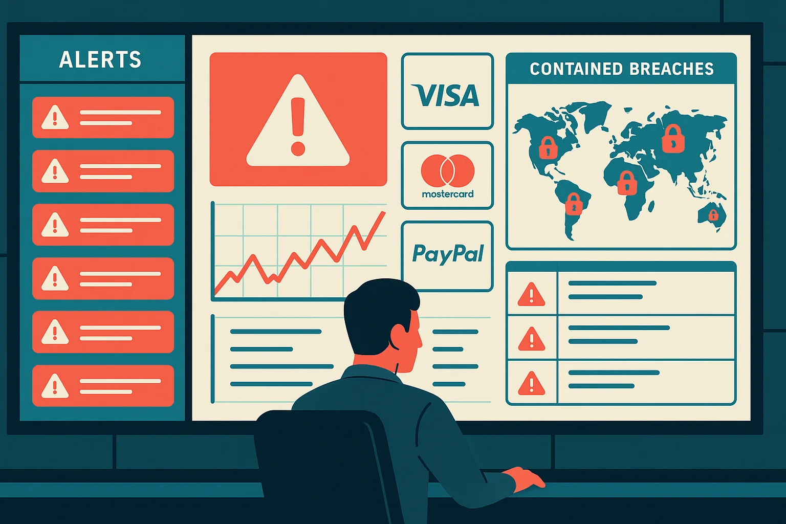 Dashboard-style illustration showing urgent ecommerce security alerts and containment zones