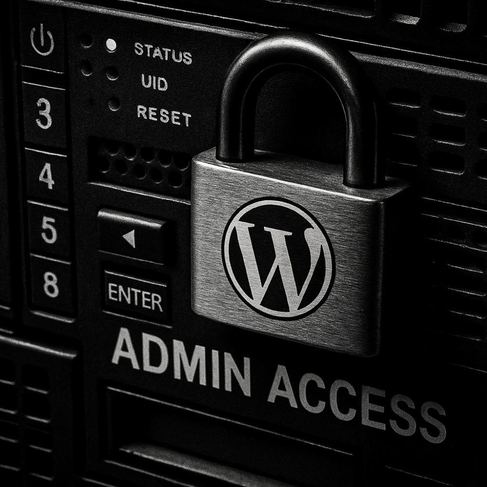 Padlock overlay on a server control panel symbolizing hardened admin access