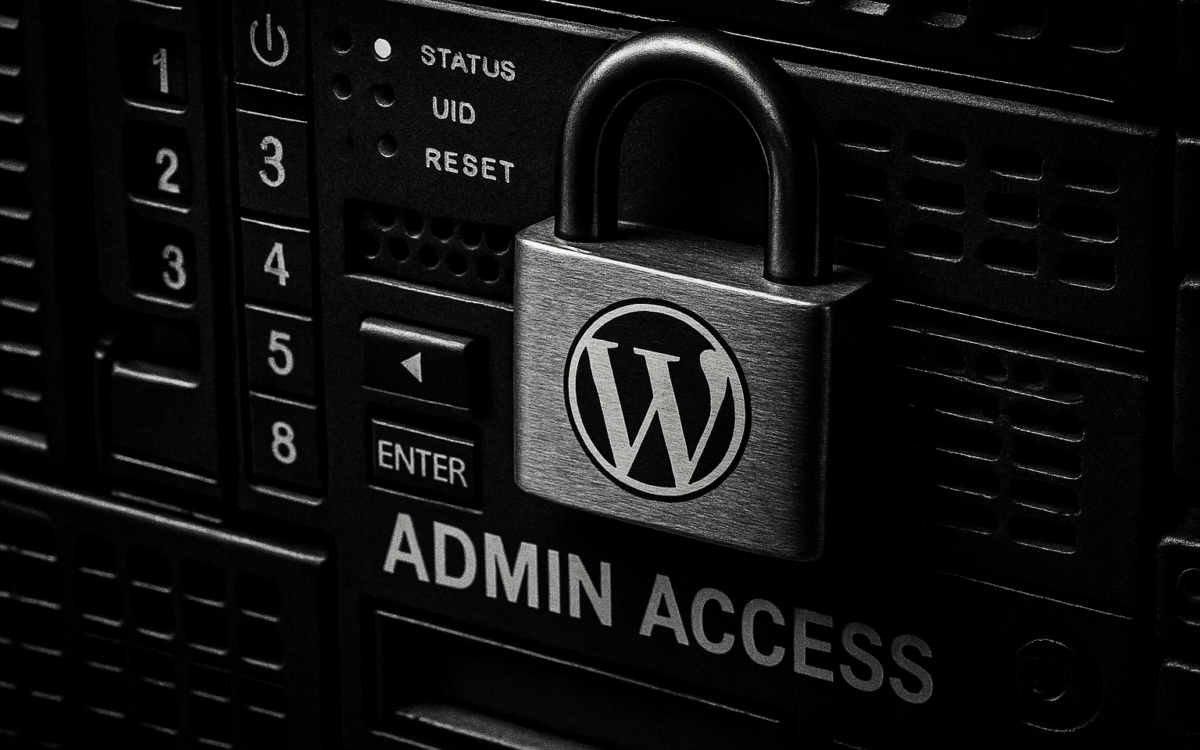 Padlock overlay on a server control panel symbolizing hardened admin access