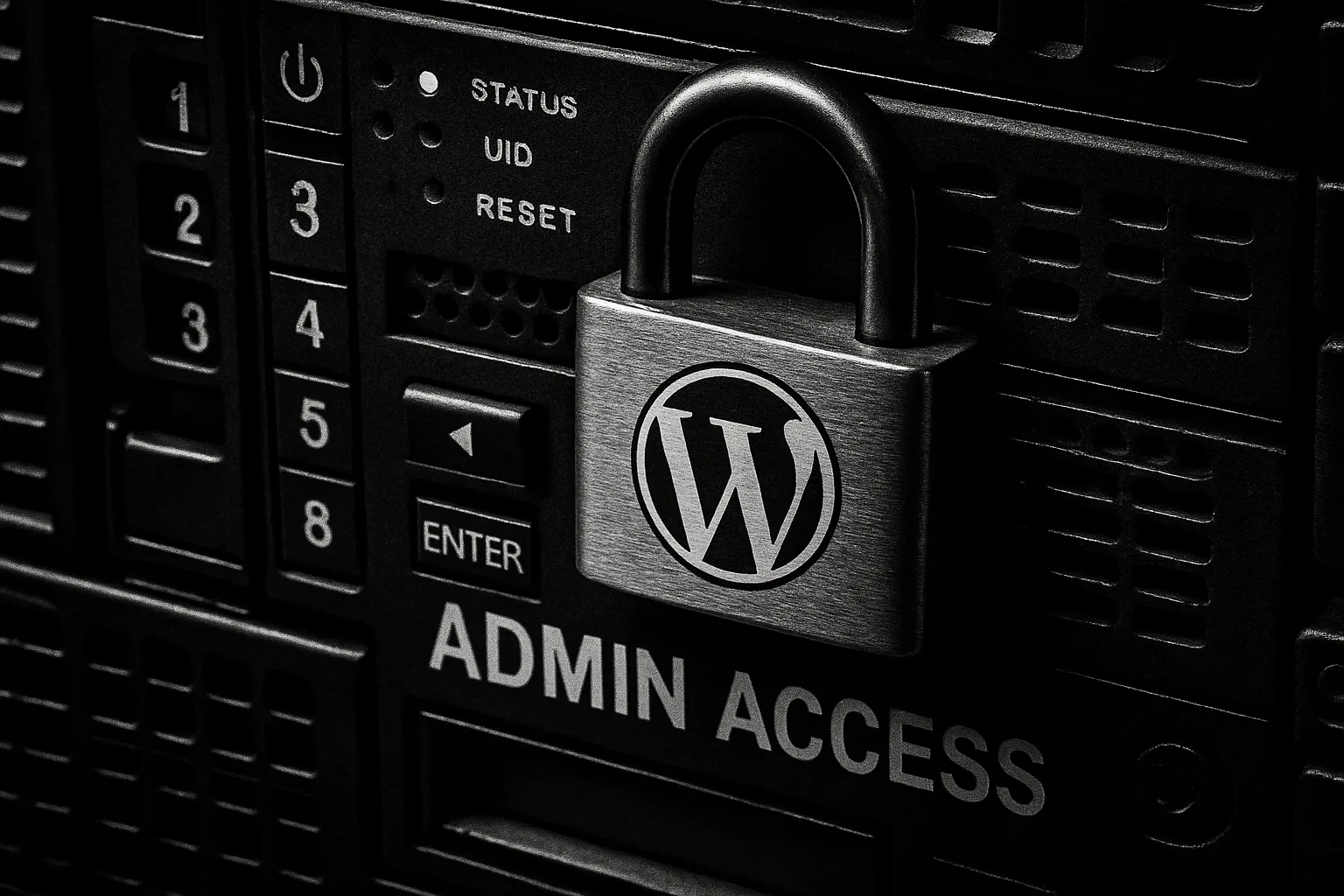 Padlock overlay on a server control panel symbolizing hardened admin access
