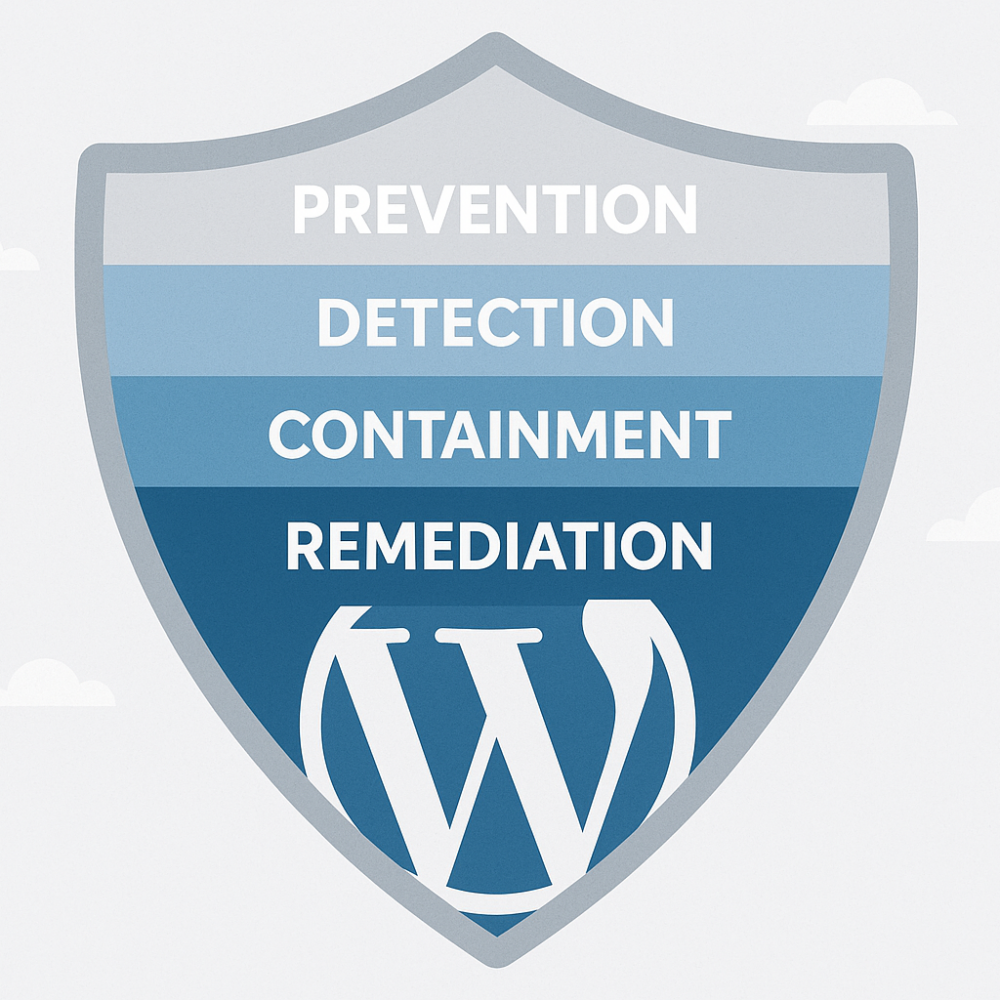 Layered shield diagram over WordPress logo showing prevention, detection, containment, remediation