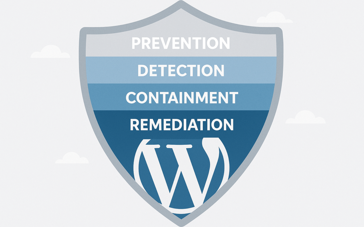 Layered shield diagram over WordPress logo showing prevention, detection, containment, remediation