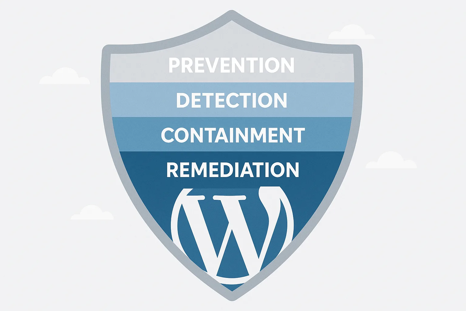 Layered shield diagram over WordPress logo showing prevention, detection, containment, remediation