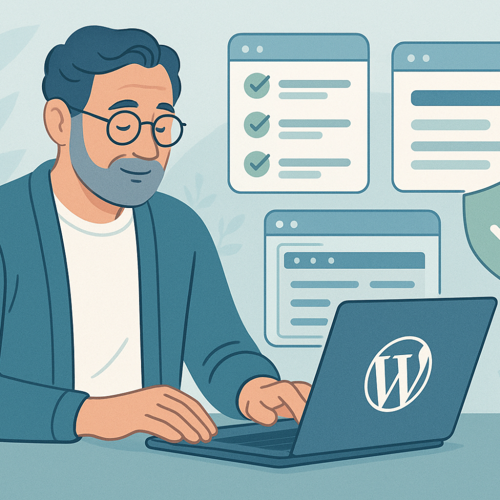 WordPress site owner reviewing a secure admin dashboard with checklist overlays