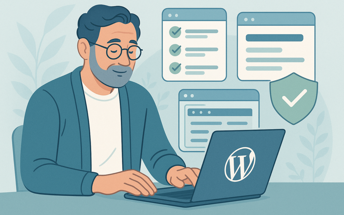 WordPress site owner reviewing a secure admin dashboard with checklist overlays