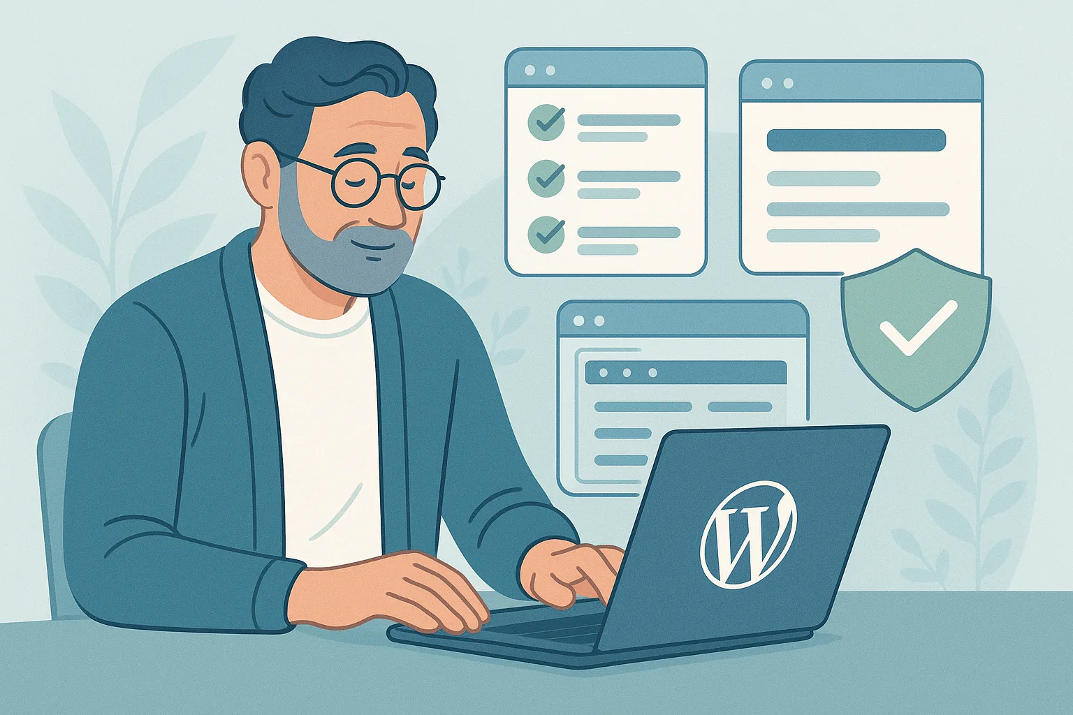 WordPress site owner reviewing a secure admin dashboard with checklist overlays