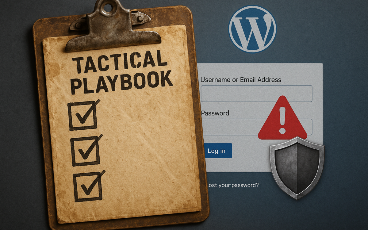 Checklist playbook overlayed on a WordPress login with shield and alert icon