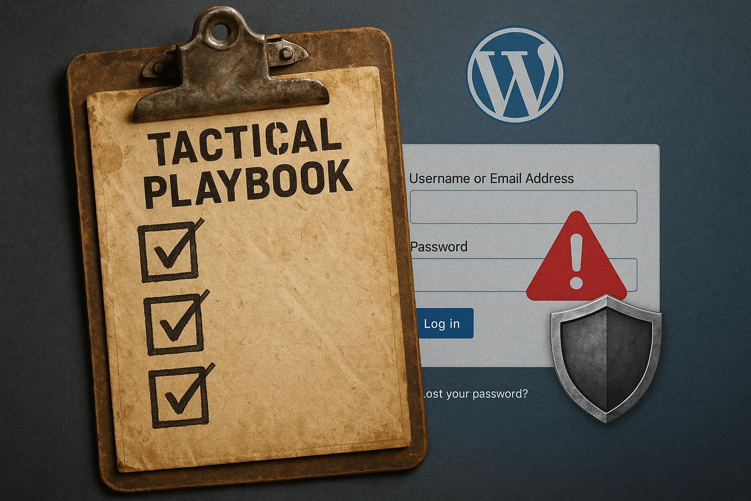 Checklist playbook overlayed on a WordPress login with shield and alert icon