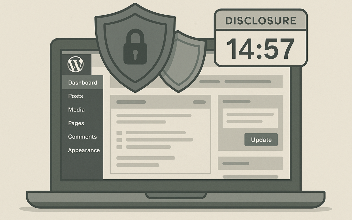 Laptop showing WordPress dashboard with layered security shields and a countdown timer representing disclosure windows.