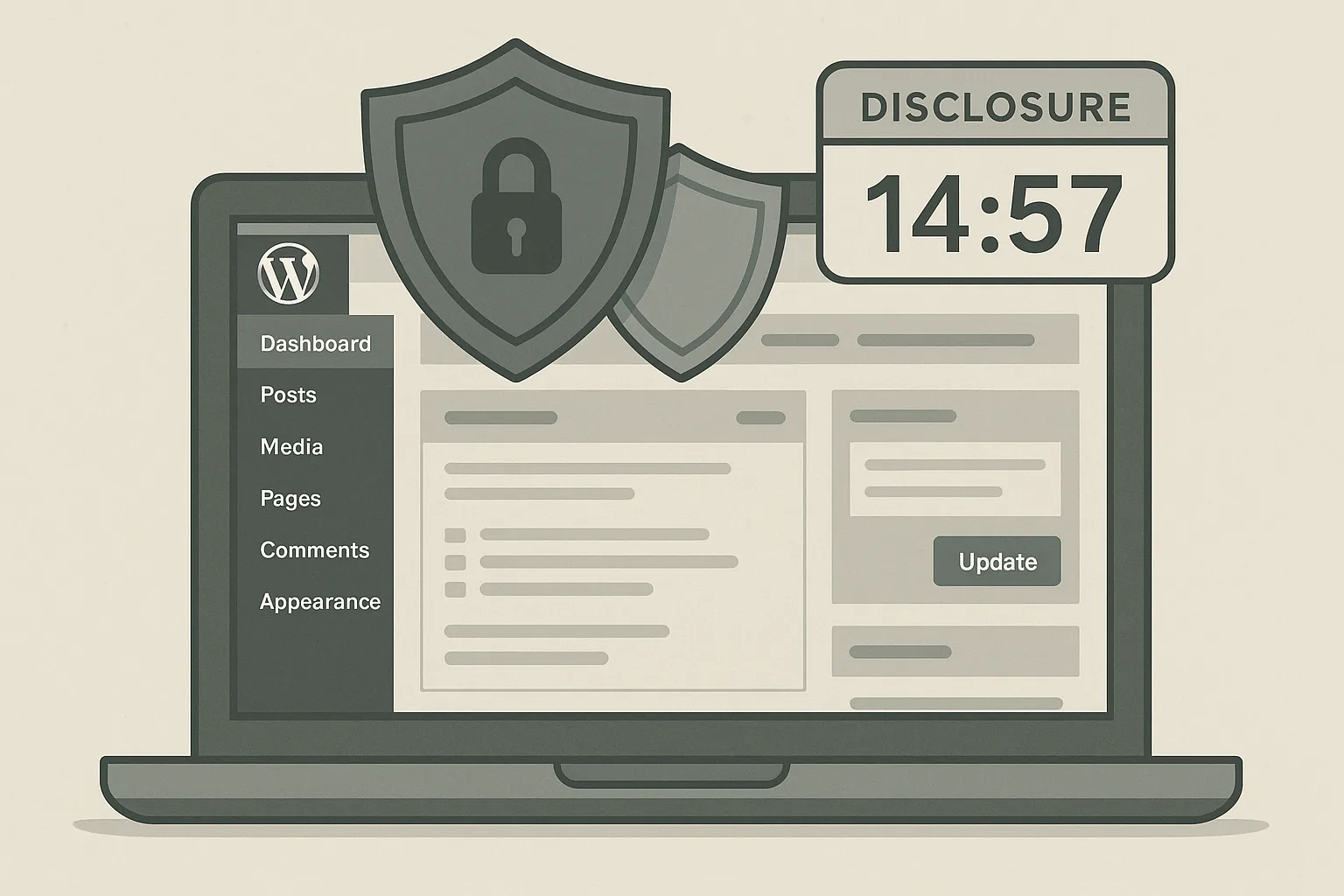 Laptop showing WordPress dashboard with layered security shields and a countdown timer representing disclosure windows.