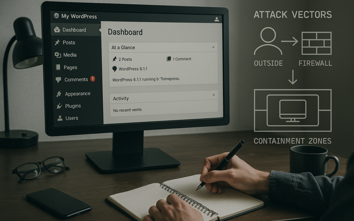 Operator at workstation viewing WordPress dashboard with attack vector overlays