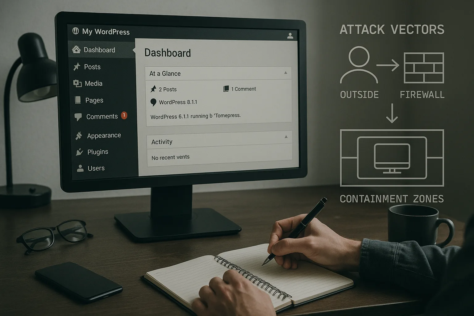Operator at workstation viewing WordPress dashboard with attack vector overlays
