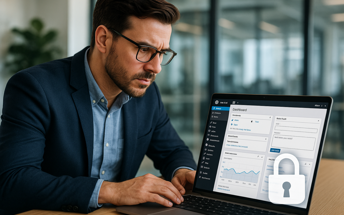 Ecommerce manager reviewing secure WordPress admin dashboard with lock icon