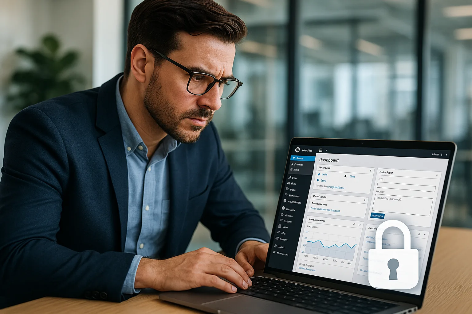 Ecommerce manager reviewing secure WordPress admin dashboard with lock icon