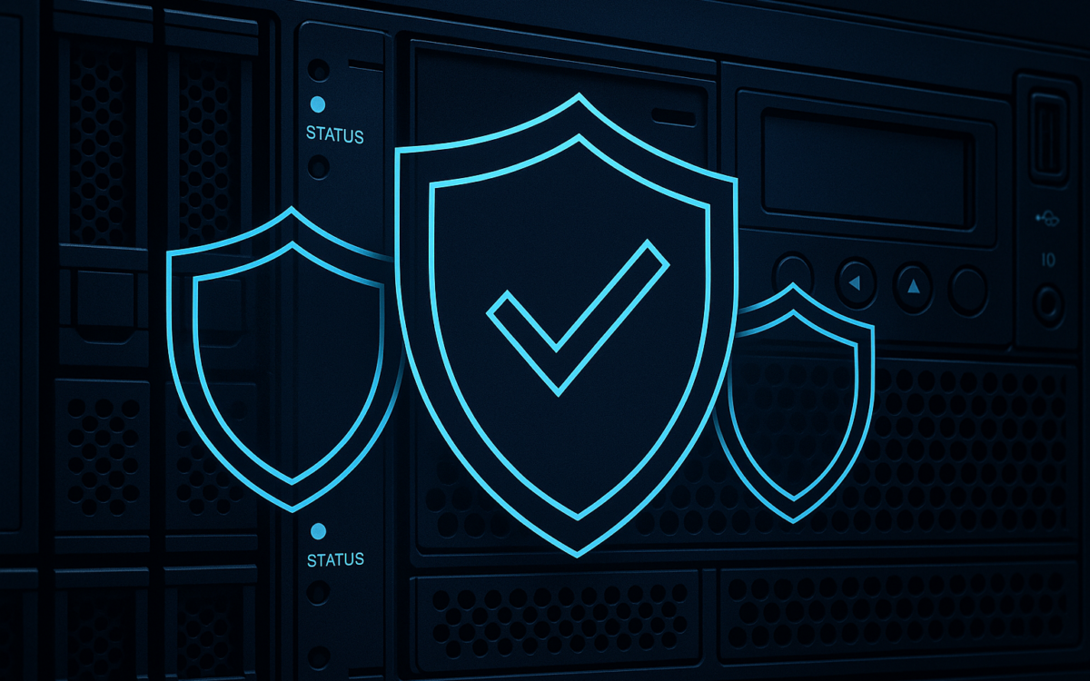 Server control panel with layered shield icons representing multiple defensive layers