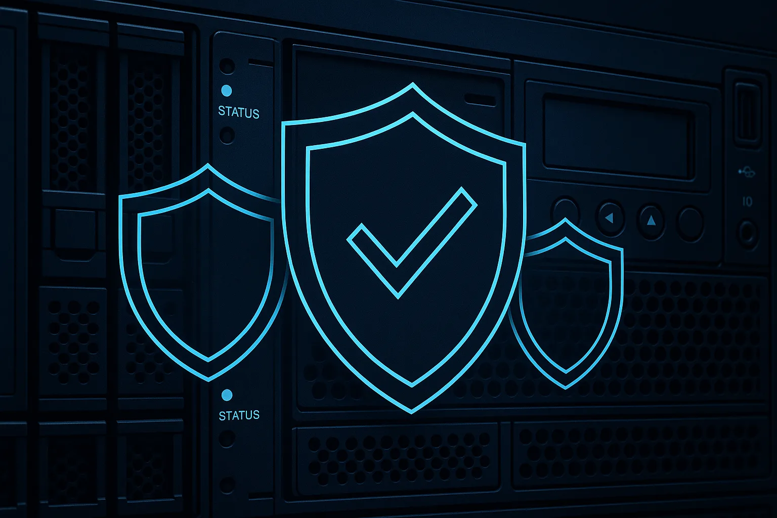 Server control panel with layered shield icons representing multiple defensive layers
