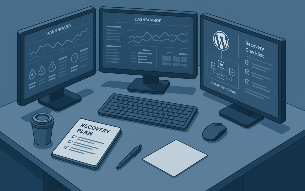Operations desk with dashboards and containment zones illustrating WordPress incident blast radius reduction