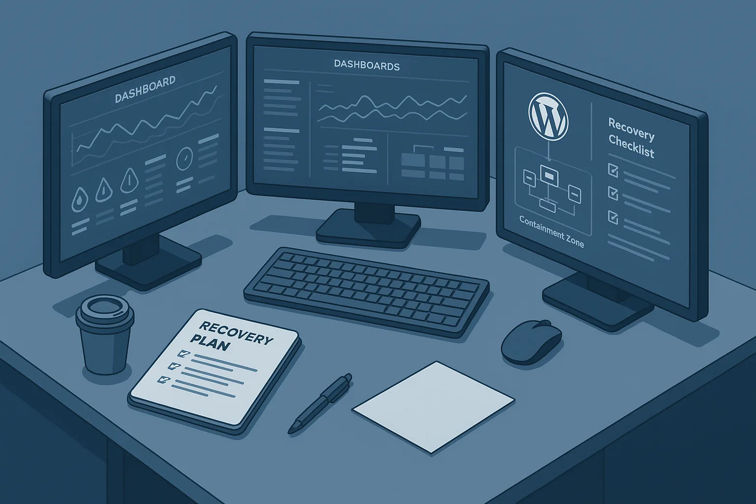 Operations desk with dashboards and containment zones illustrating WordPress incident blast radius reduction