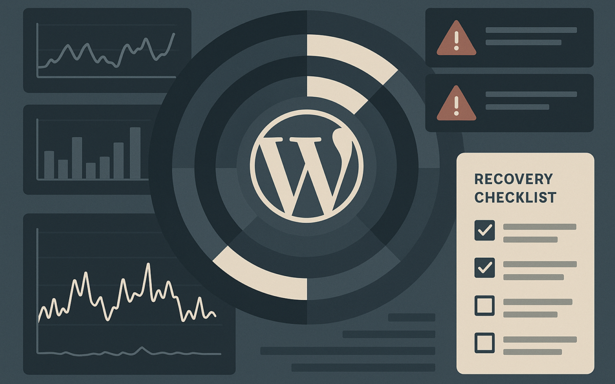 Dashboard illustration showing containment rings, monitoring graphs, alerts, and recovery checklist around a WordPress site.