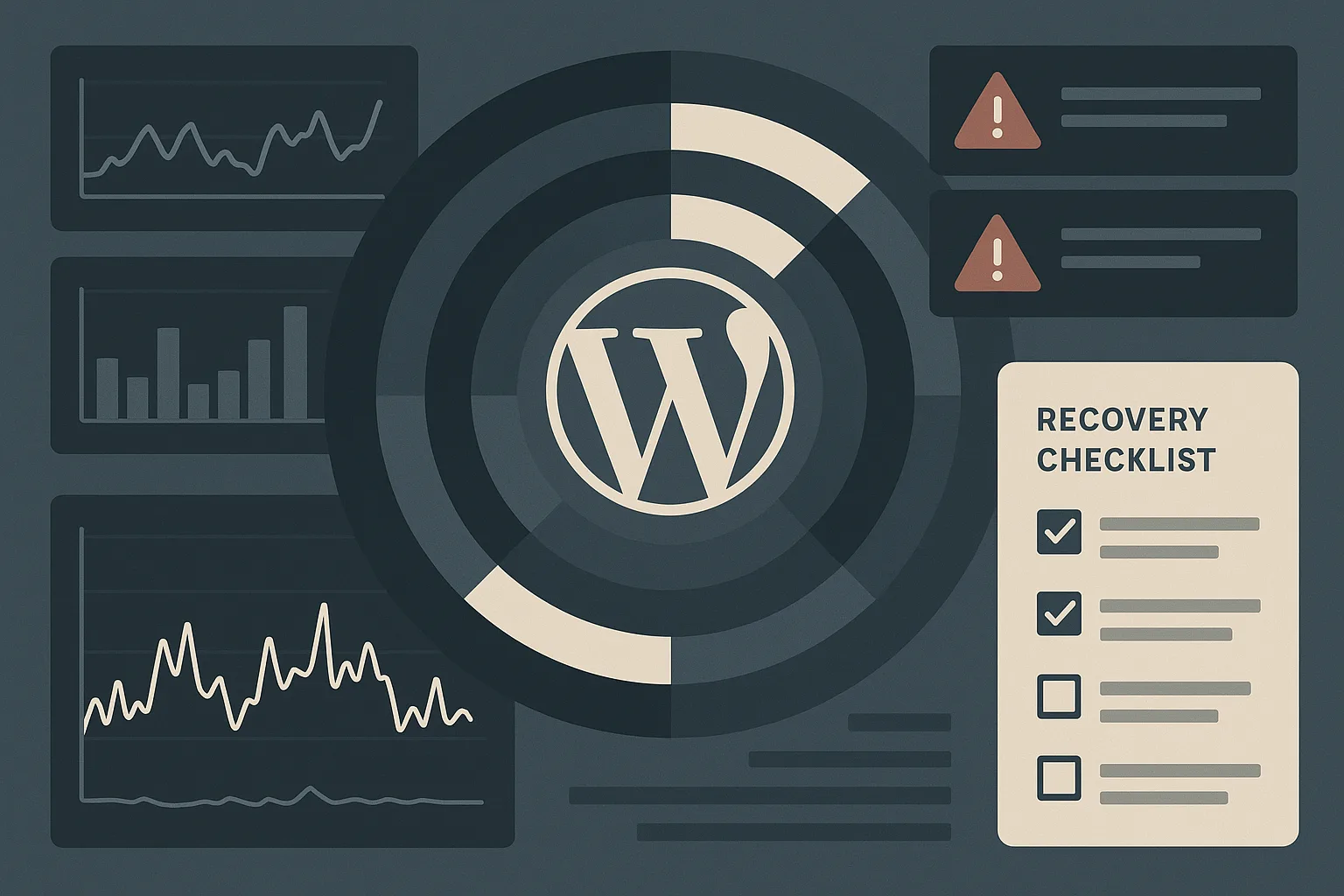 Dashboard illustration showing containment rings, monitoring graphs, alerts, and recovery checklist around a WordPress site.