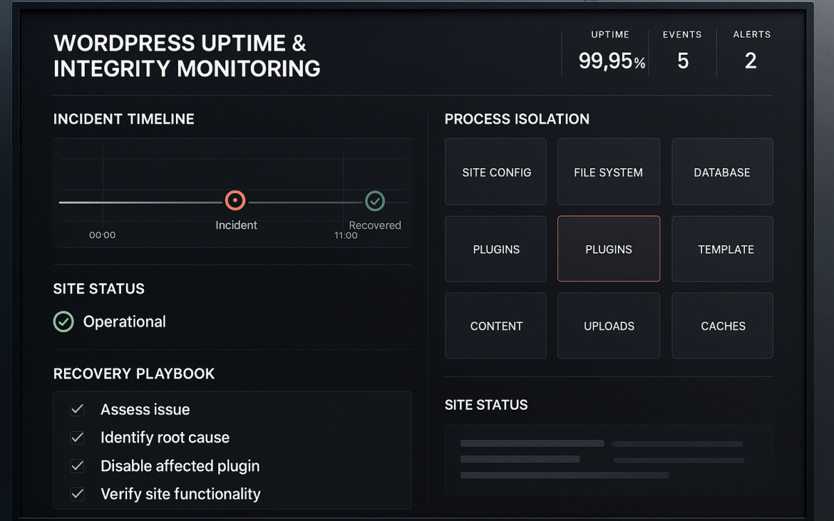 WordPress monitoring dashboard showing incident timeline and recovery playbook checklist