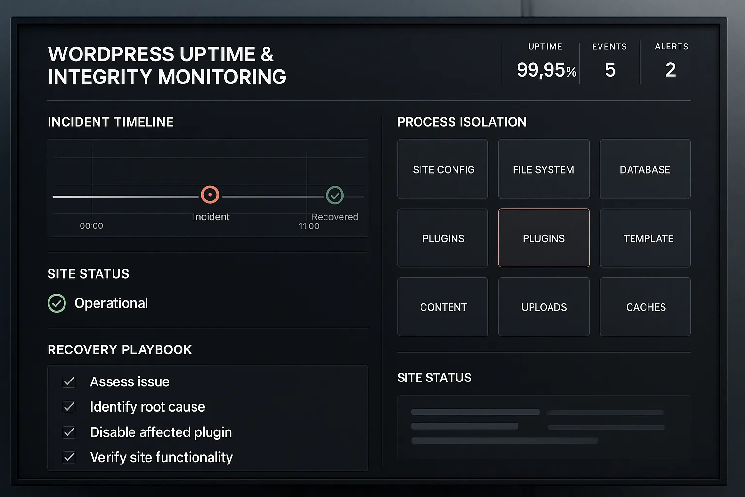WordPress monitoring dashboard showing incident timeline and recovery playbook checklist