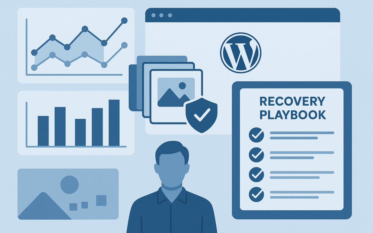 Illustration: WordPress site with monitoring graphs, backup snapshots, and a recovery playbook checklist