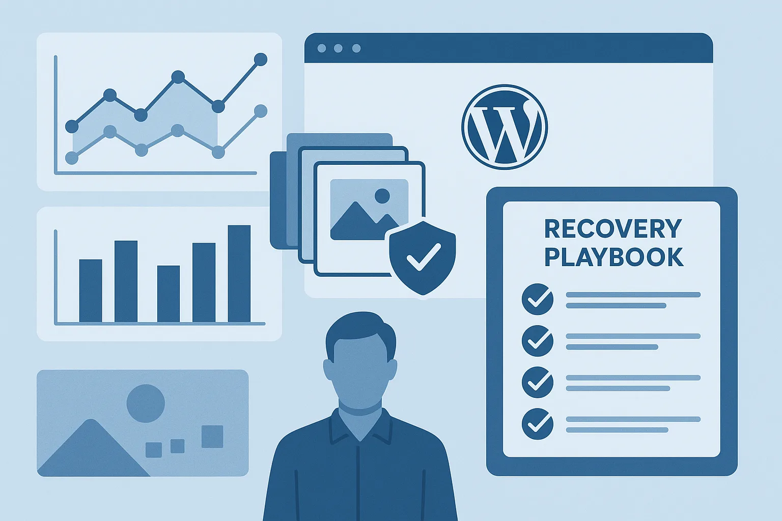 Illustration: WordPress site with monitoring graphs, backup snapshots, and a recovery playbook checklist