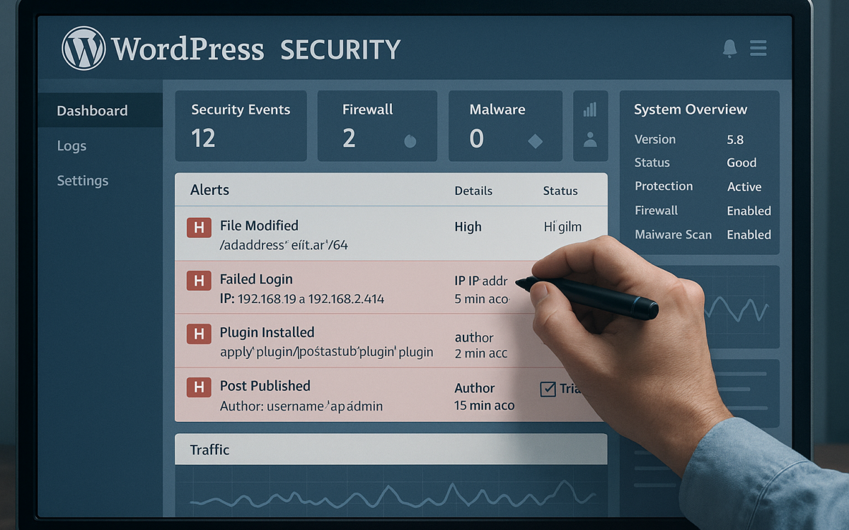 Dashboard showing noisy WordPress security alerts being triaged