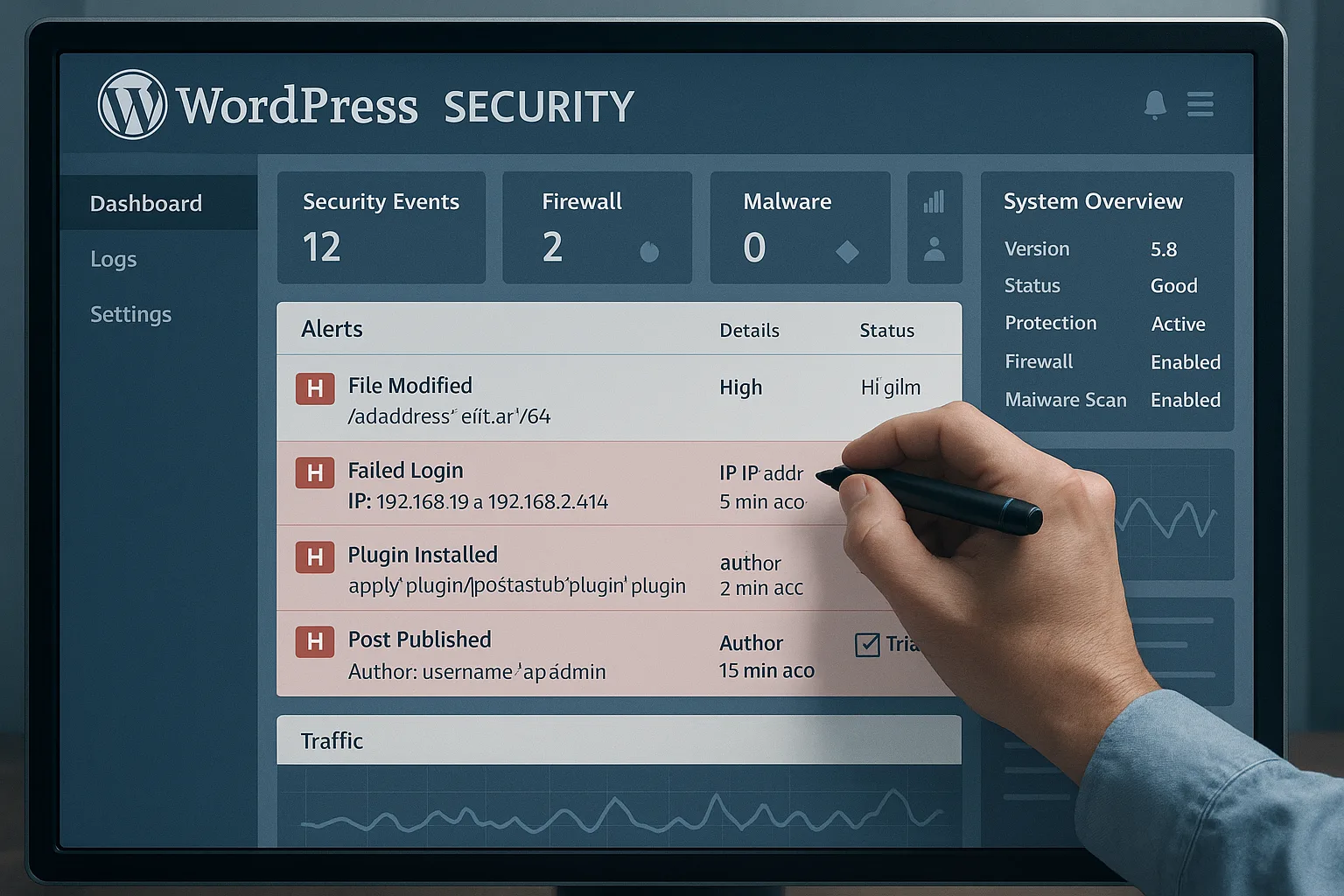 Dashboard showing noisy WordPress security alerts being triaged
