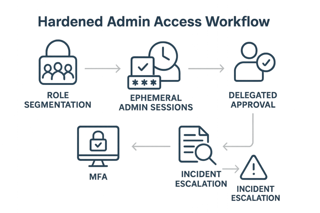 Infographic: hardened admin access workflow showing role segmentation, MFA, ephemeral sessions, and audit trails.