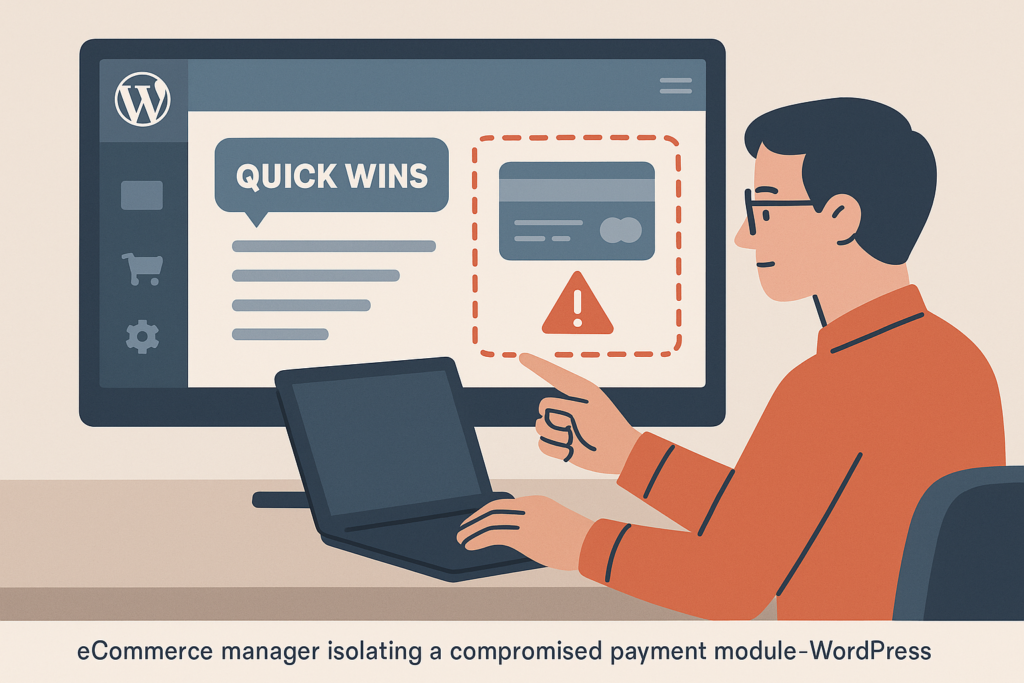 Ecommerce manager isolating compromised payment plugin in WordPress dashboard
