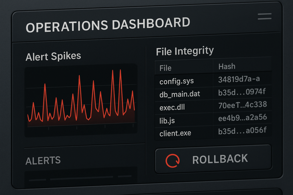 Operations dashboard with alerts and rollback action