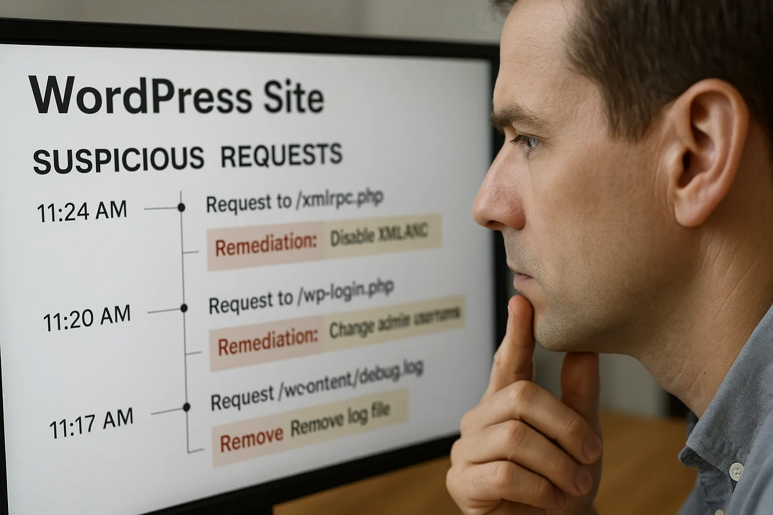 Site owner reviewing suspicious request timeline and marking remediation steps