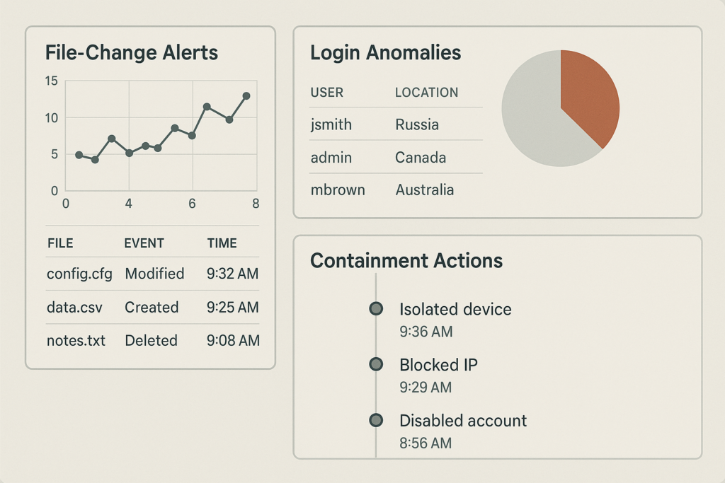 Monitoring dashboard showing file changes and login anomalies