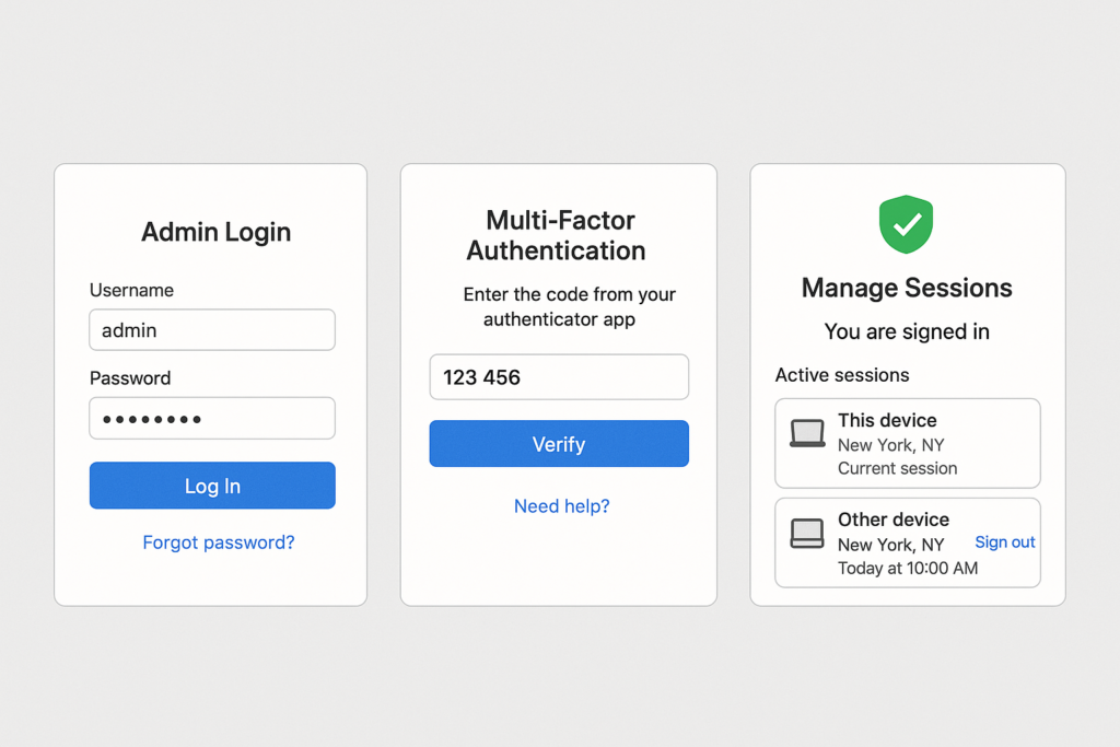 Secure admin login flow with MFA and session controls