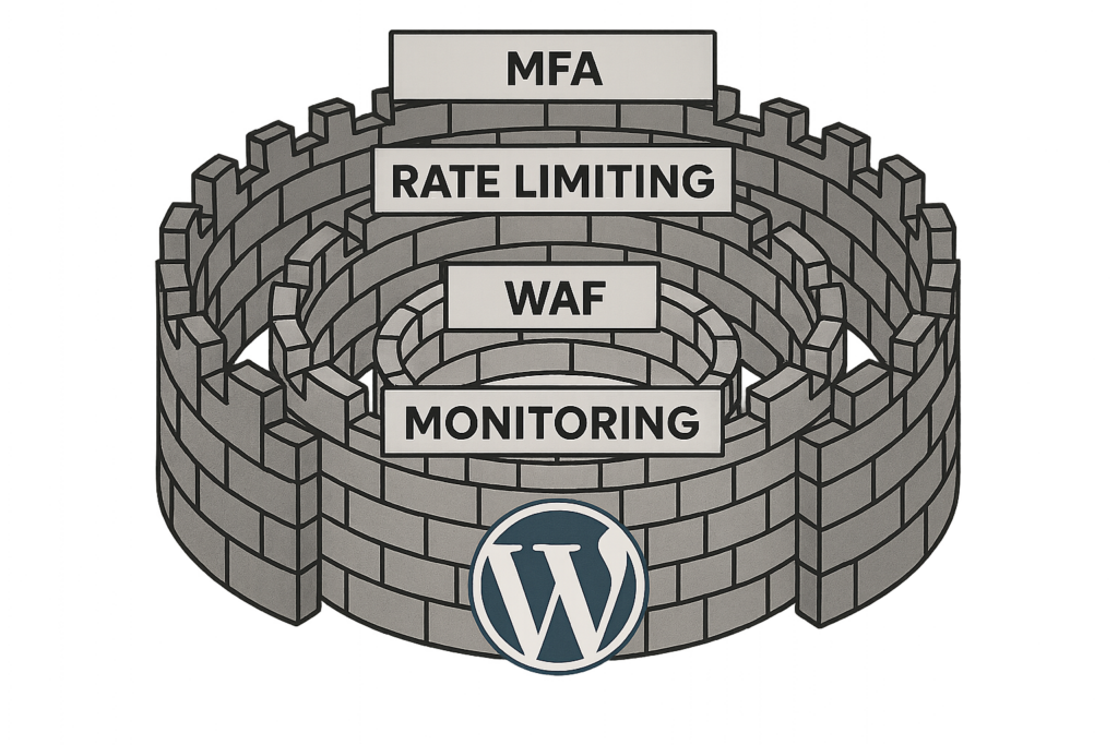 Layered defenses diagram around a WordPress logo