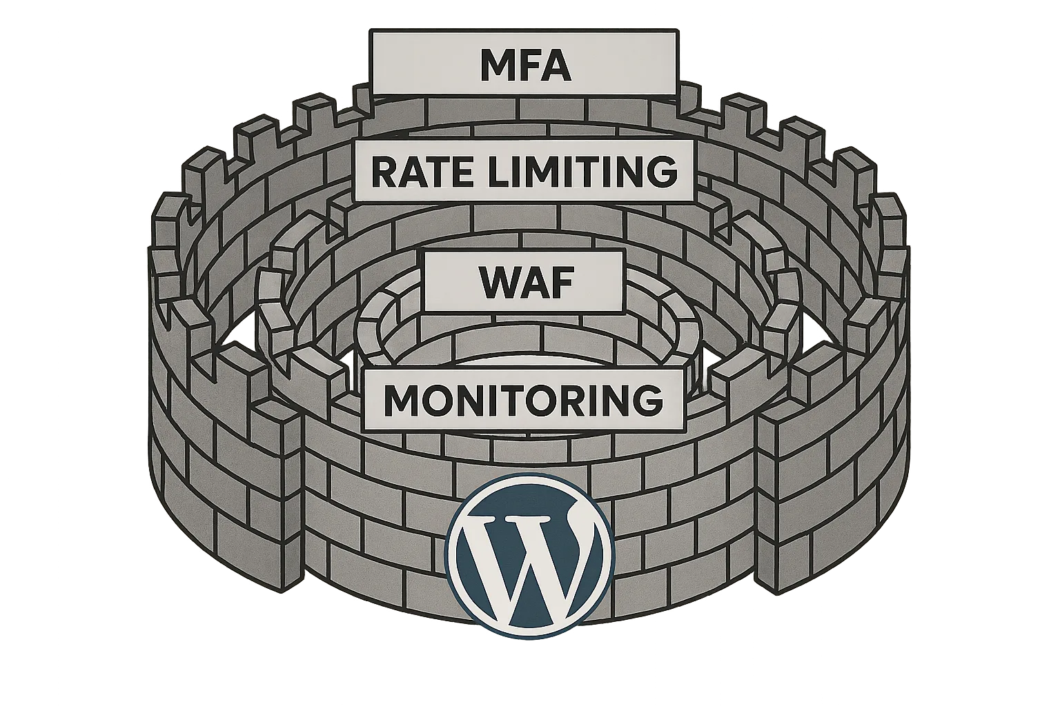 Layered defenses diagram around a WordPress logo