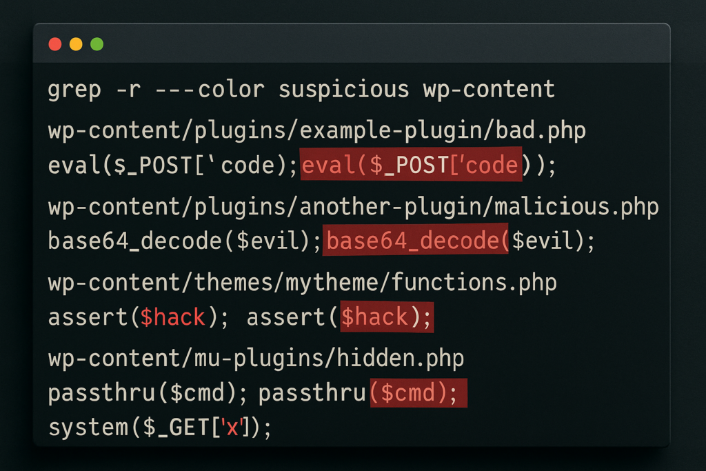 Terminal screen with suspicious PHP pattern search results
