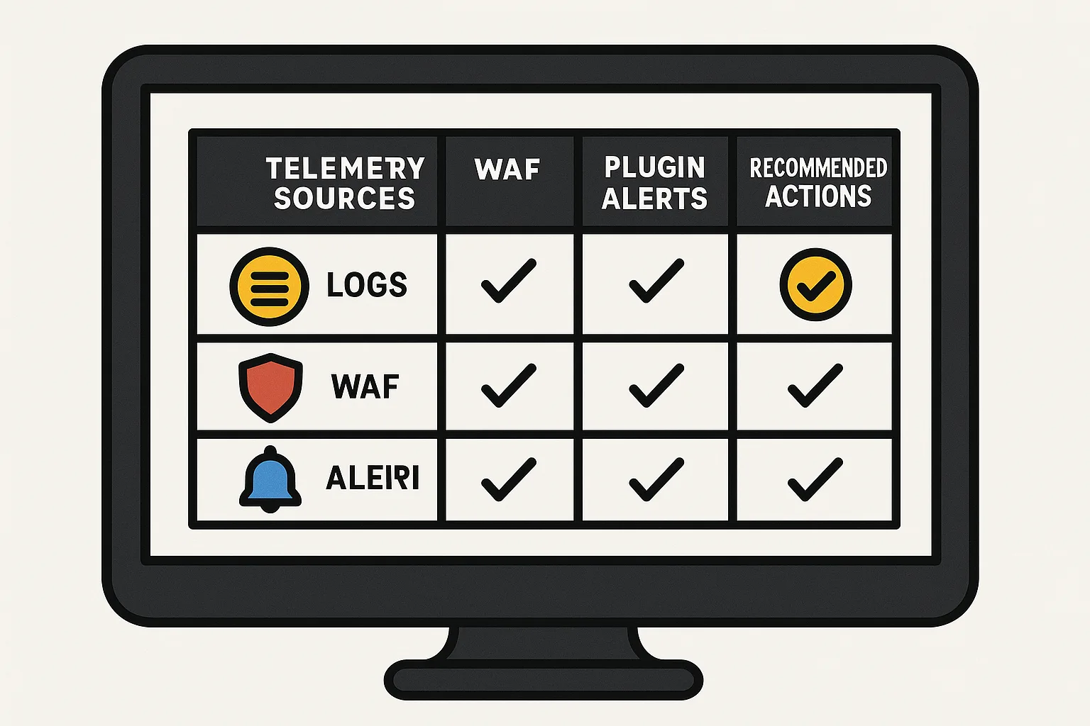 Comparison table on telemetry sources with recommended actions