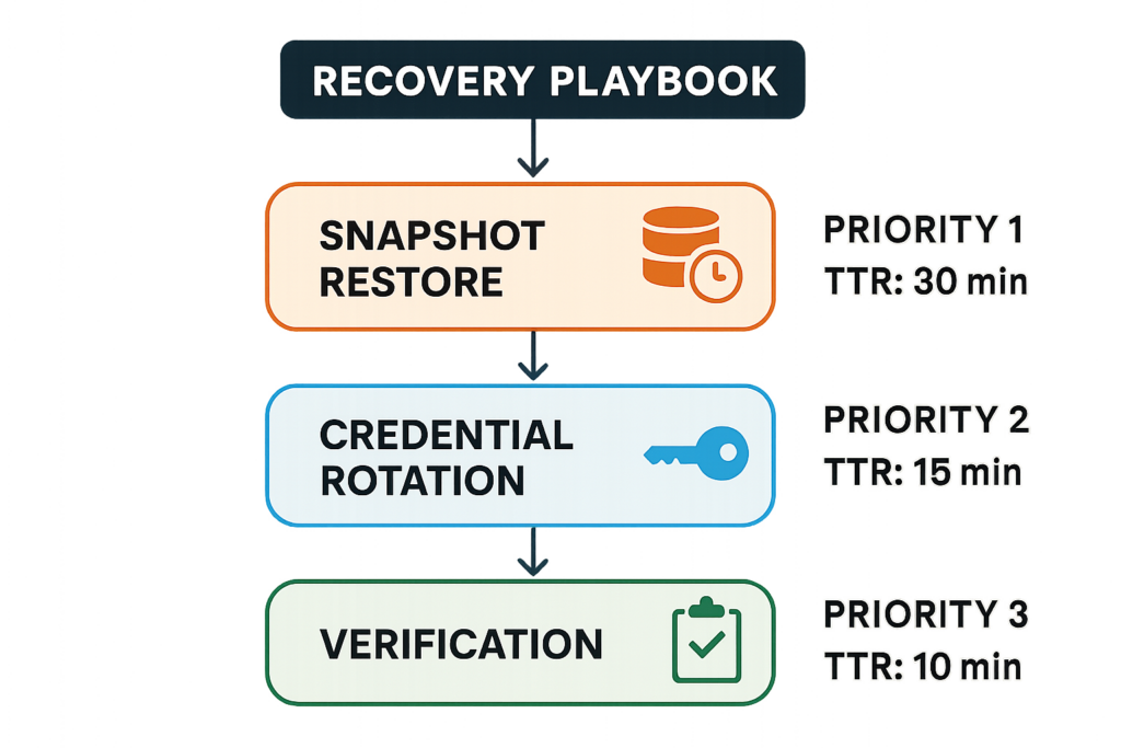 Recovery playbook flowchart for restoring WooCommerce after an incident