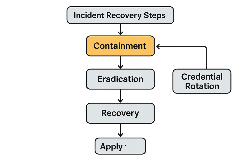 Incident recovery flowchart focusing on containment and credential rotation