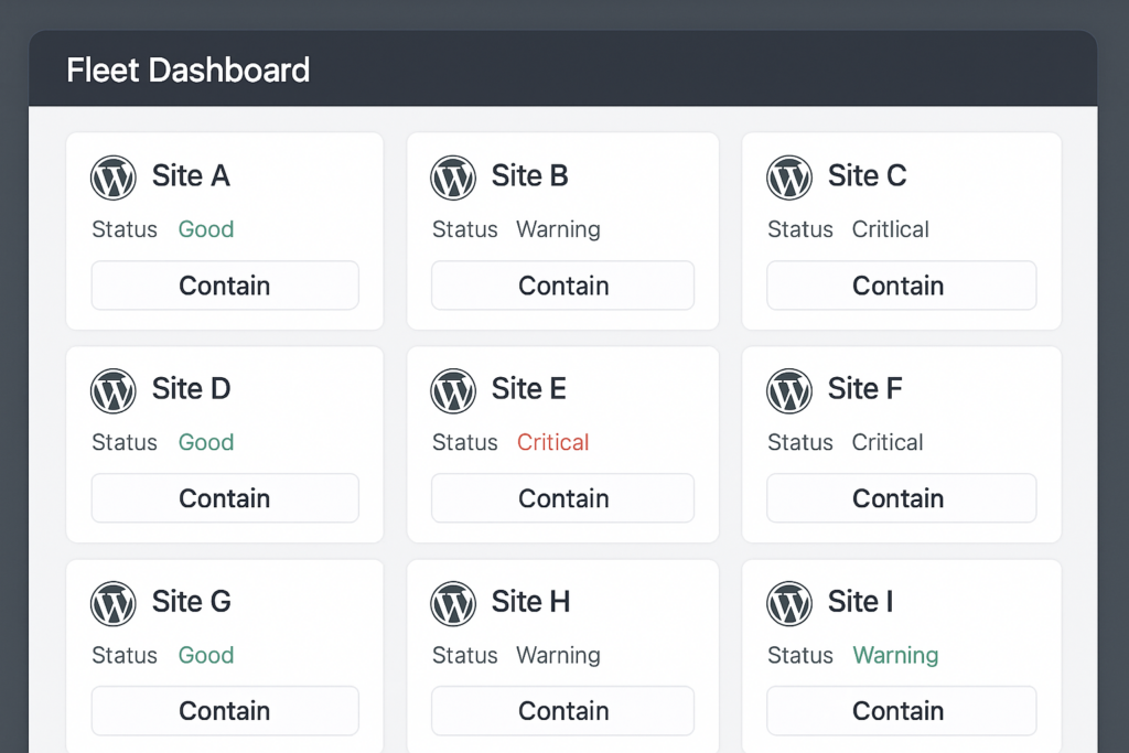 Fleet dashboard mockup showing site statuses and a contain action