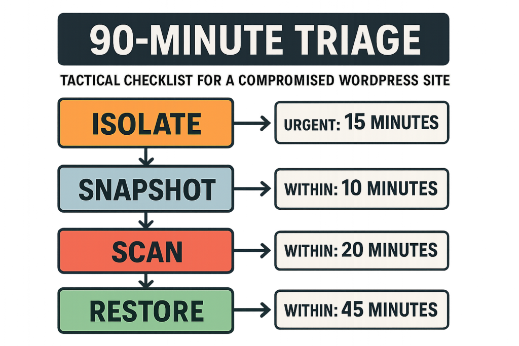 90-minute triage flowchart for WordPress compromise