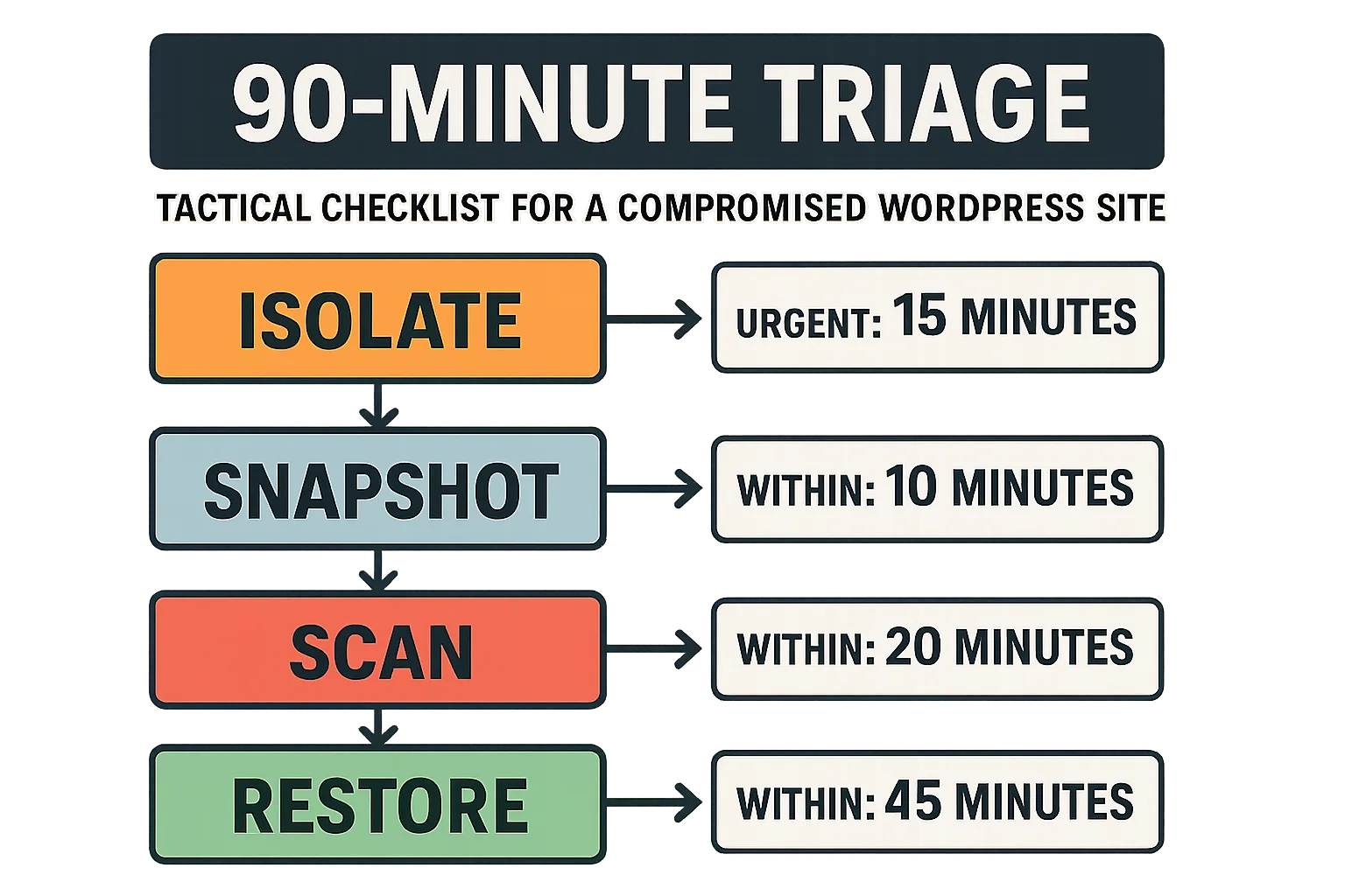 90-minute triage flowchart for WordPress compromise