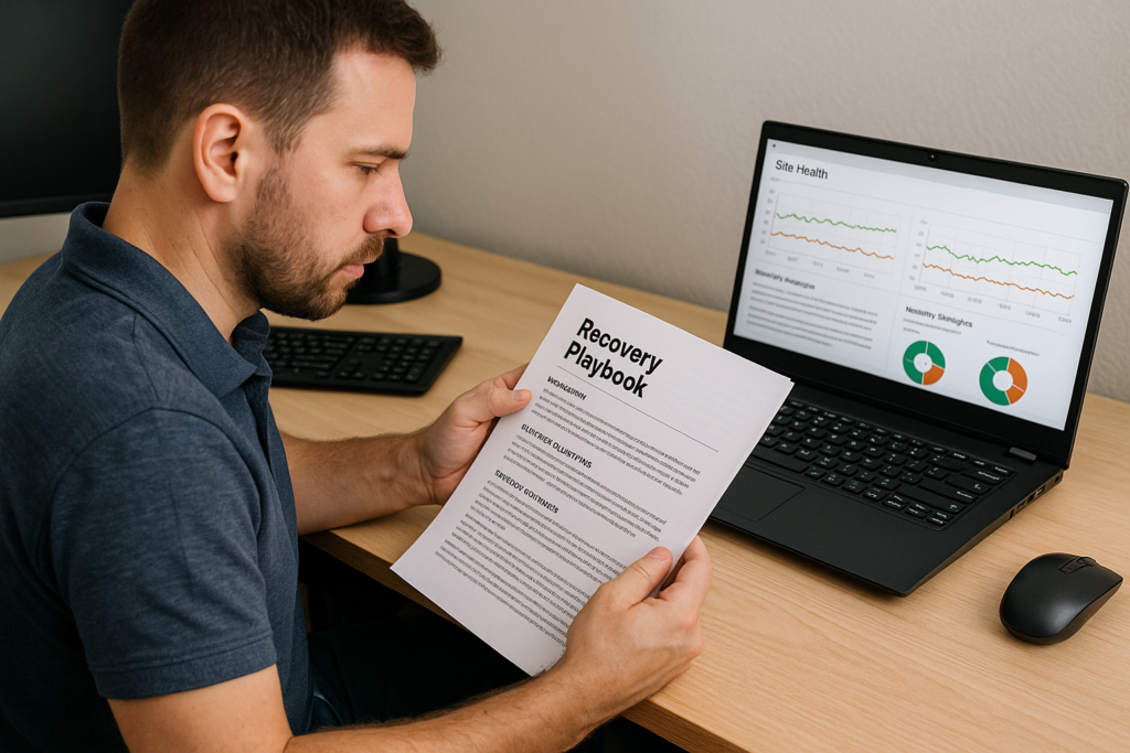 IT generalist reviewing a recovery playbook with site health graphs